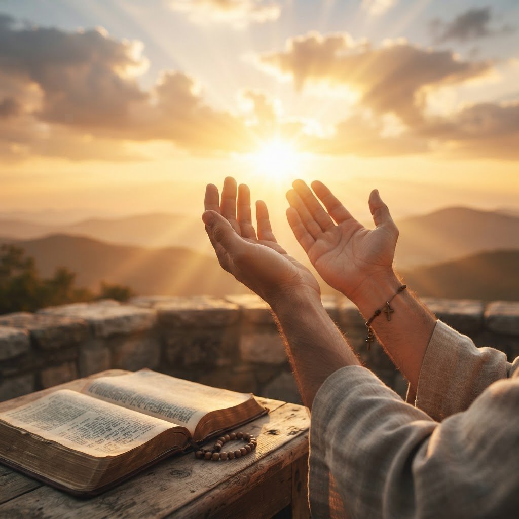 Mãos em oração ao amanhecer - fé e prosperidade
